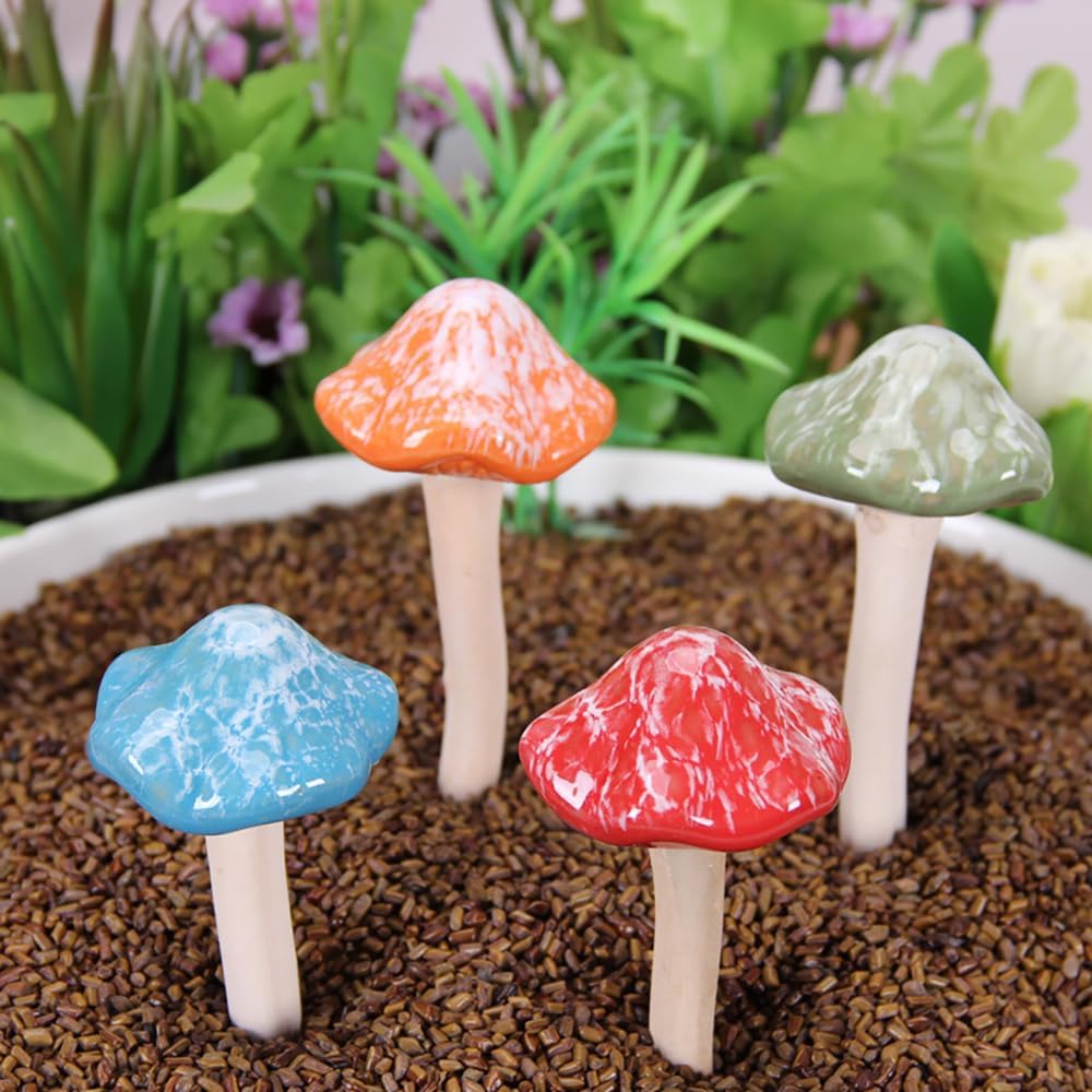 4Pcs Ceramic Mushroom Ornaments – Glazed Garden Stakes for Fairy Garden, Yard & Home Decor