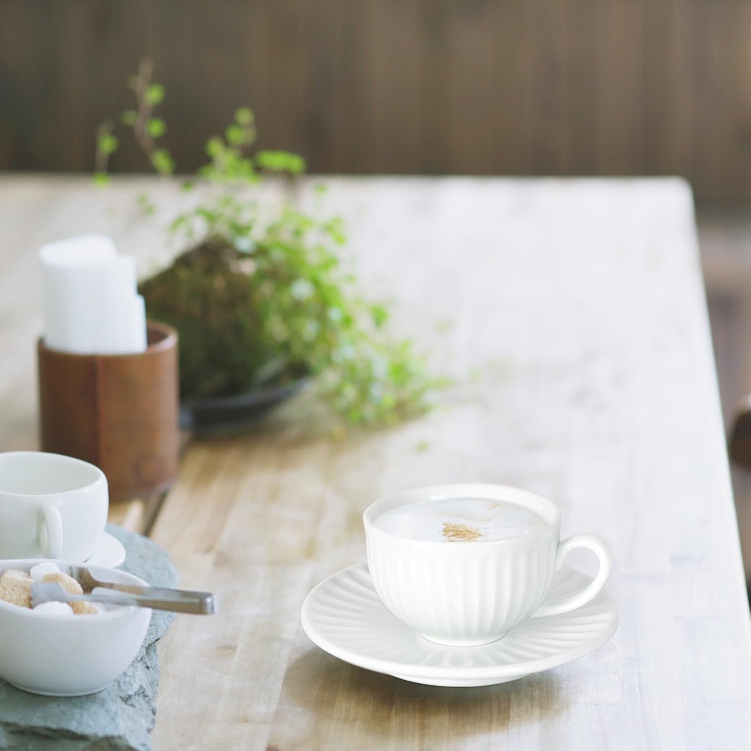 White Tea Cups and Saucers- 2oz Stackable Ceramic Espresso Cups & Cappuccino Cup Set of 2 for Coffee, Latte, and Tea, Durable Porcelain tea Set & Modern Latte Cup Collection