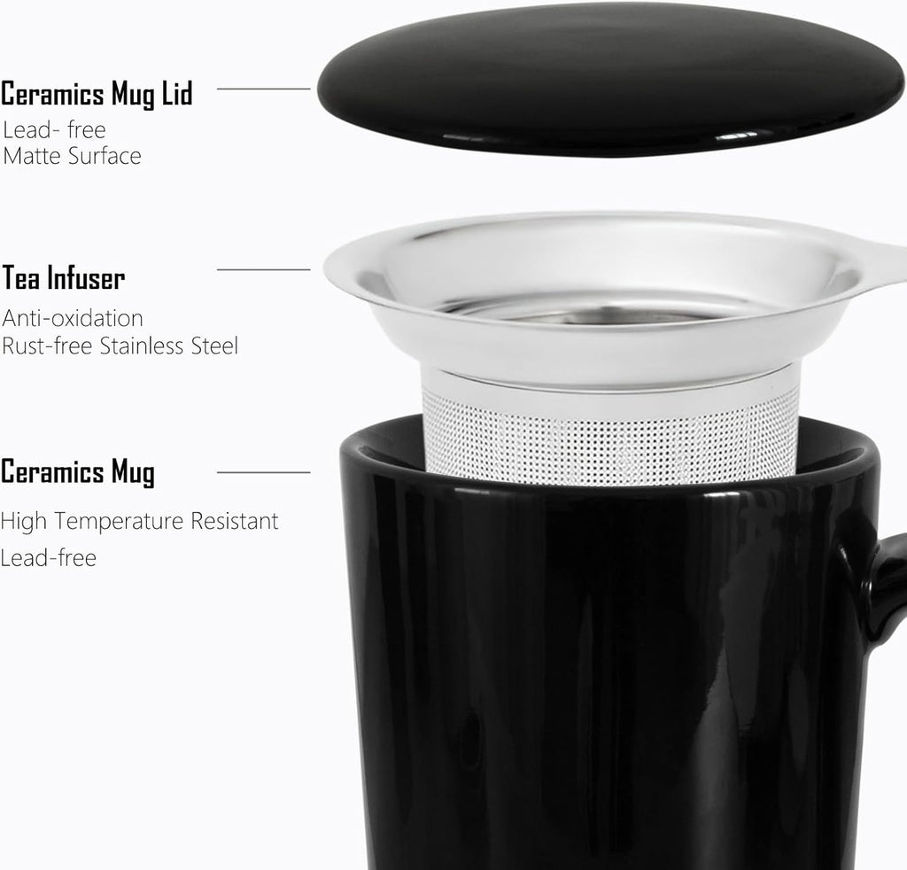 Tea Cup with Infuser and Lid, 20oz Mug with Handle for Steeping Loose Leaf Tea, Dishwasher and Microwave Safe, Ceramic Strainer Cup Gifts for tea Lovers, Black