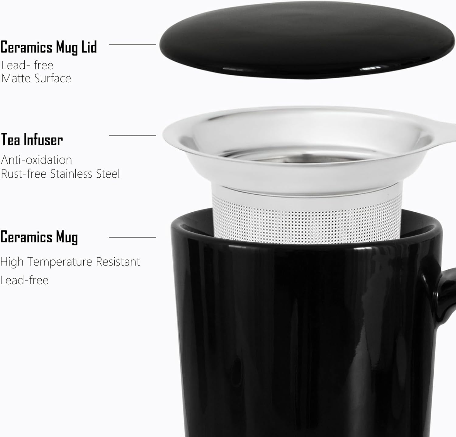 Tea Cup with Infuser and Lid, 20oz Mug with Handle for Steeping Loose Leaf Tea, Dishwasher and Microwave Safe, Ceramic Strainer Cup Gifts for tea Lovers, Black