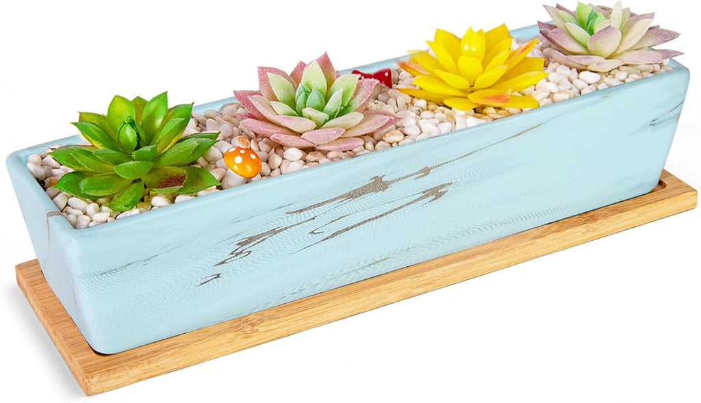 Succulent Pots - 12.1 Inch Large Succulent Pots with Drainage Tray, Window Sill Planter, Long Rectangle Ceramic Pots for Indoor Cactus/Succulent Plants Shallow Bonsai Window Box for Home Garden Decor
