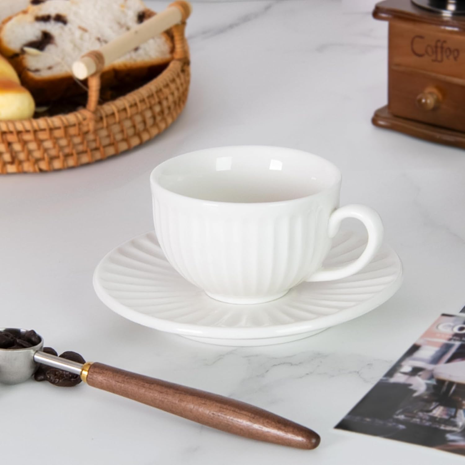 White Tea Cups and Saucers- 2oz Stackable Ceramic Espresso Cups & Cappuccino Cup Set of 2 for Coffee, Latte, and Tea, Durable Porcelain tea Set & Modern Latte Cup Collection