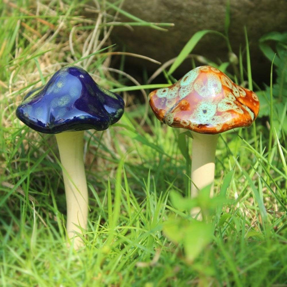 4Pcs Ceramic Mushroom Ornaments – Glazed Garden Stakes for Fairy Garden, Yard & Home Decor