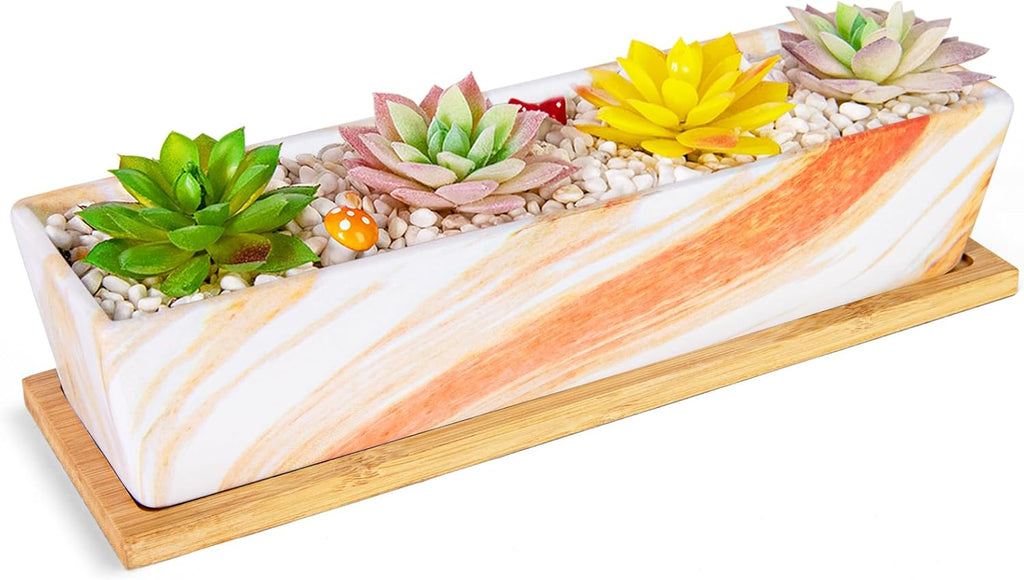 Succulent Pots - 12.1 Inch Large Succulent Pots with Drainage Tray, Window Sill Planter, Long Rectangle Ceramic Pots for Indoor Cactus/Succulent Plants Shallow Bonsai Window Box for Home Garden Decor