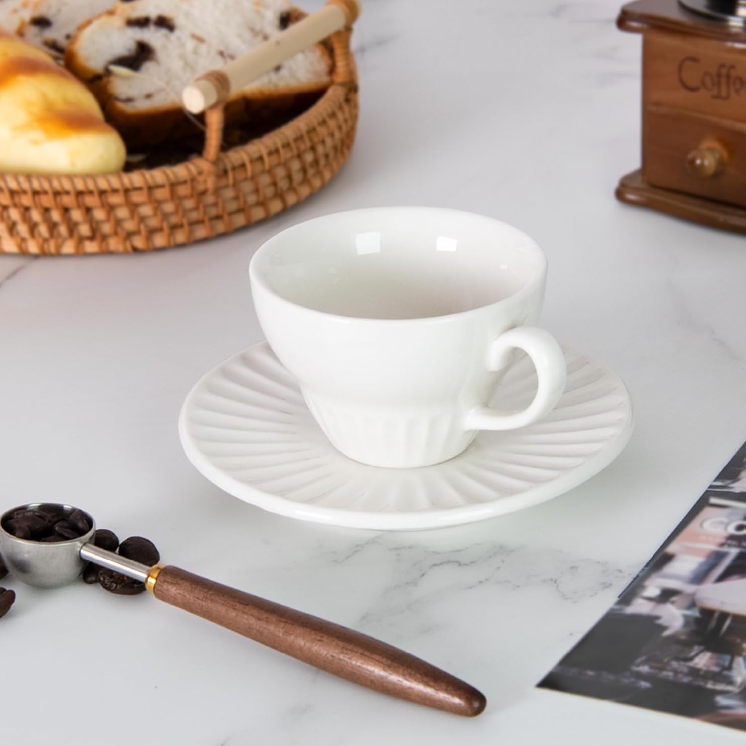 Tea Cups and Saucers- 2oz Stackable Ceramic Espresso Cups & Cappuccino Cup Set of 2 for Coffee, Latte, and Tea, Durable Glazed White Porcelain tea Set & Modern Latte Cup Collection