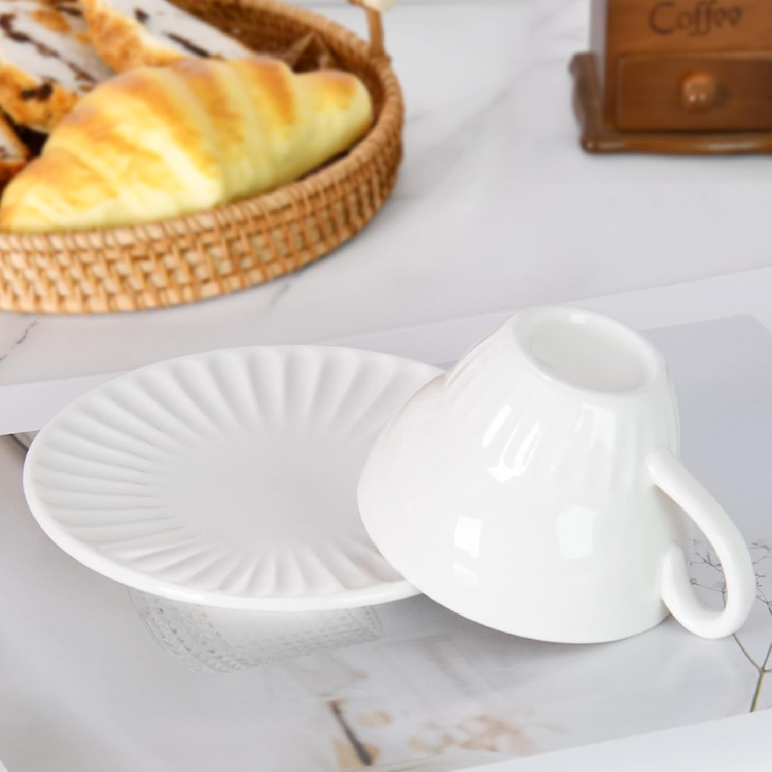 White Tea Cups and Saucers- 2oz Stackable Ceramic Espresso Cups & Cappuccino Cup Set of 2 for Coffee, Latte, and Tea, Durable Porcelain tea Set & Modern Latte Cup Collection