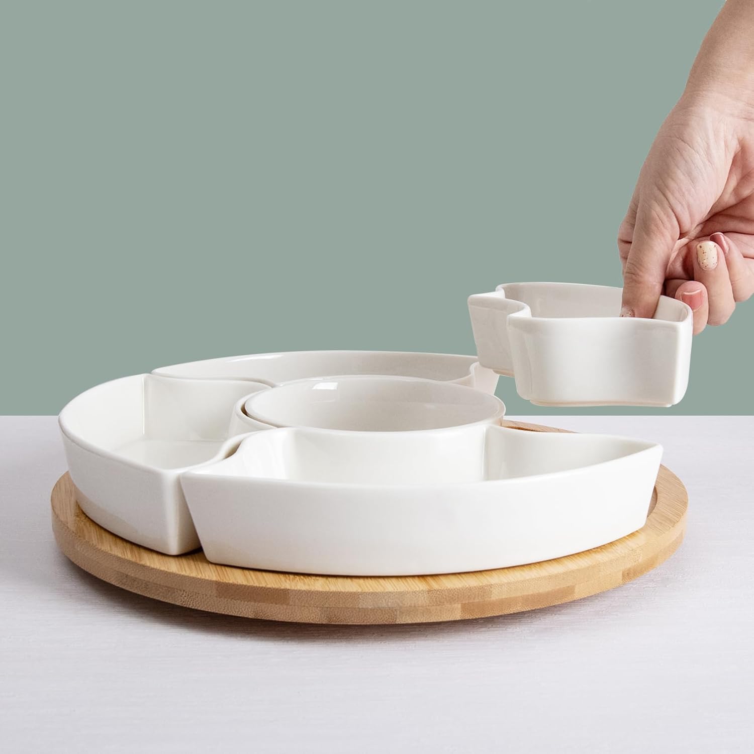 Serving Tray, Rotatable Serving Platters and Trays-11 Inch Divided Serving Dishes for Parties Kitchen Decor, Removable Serving Bowls for Chips and Dip, Condiment, Fruit, Veggies, Nut, Candy and Snacks