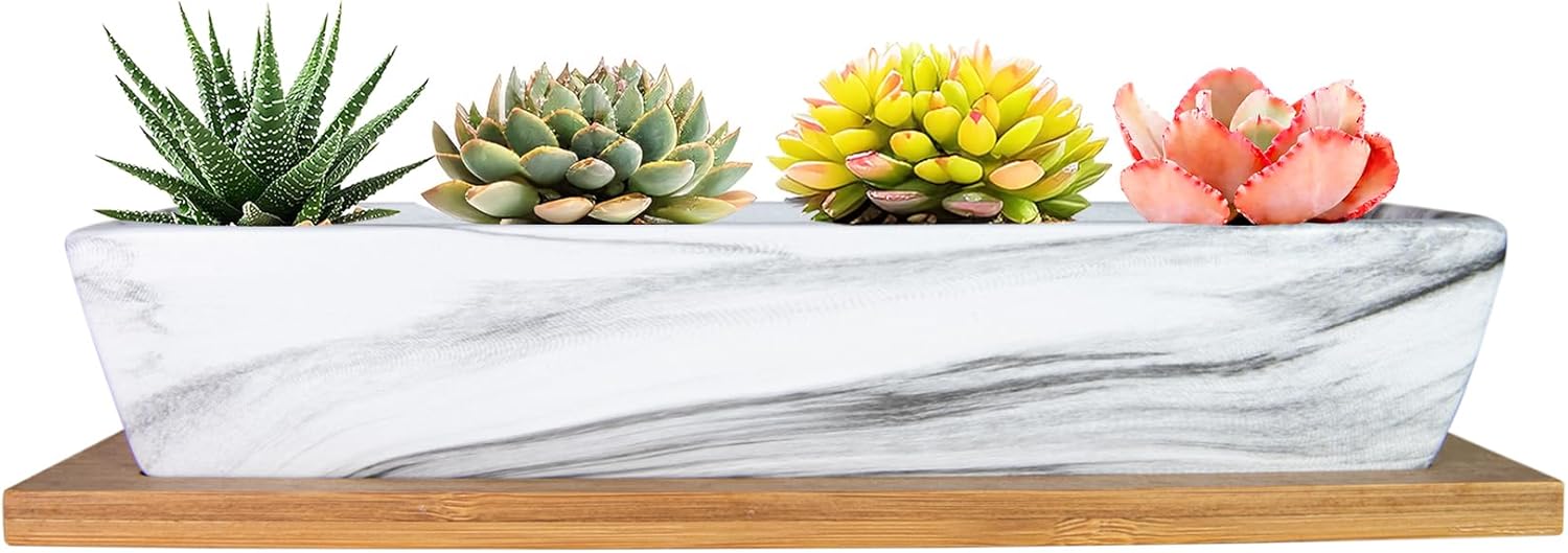ARTKETTY Succulent Pots, 9.8 Inch Ceramic Succulent Planters with Drainage Small Bonsai Pot with Bamboo Tray, Mini Cactus Flower Planter Pot Shallow Rectangular Window Planters for Indoor Plants