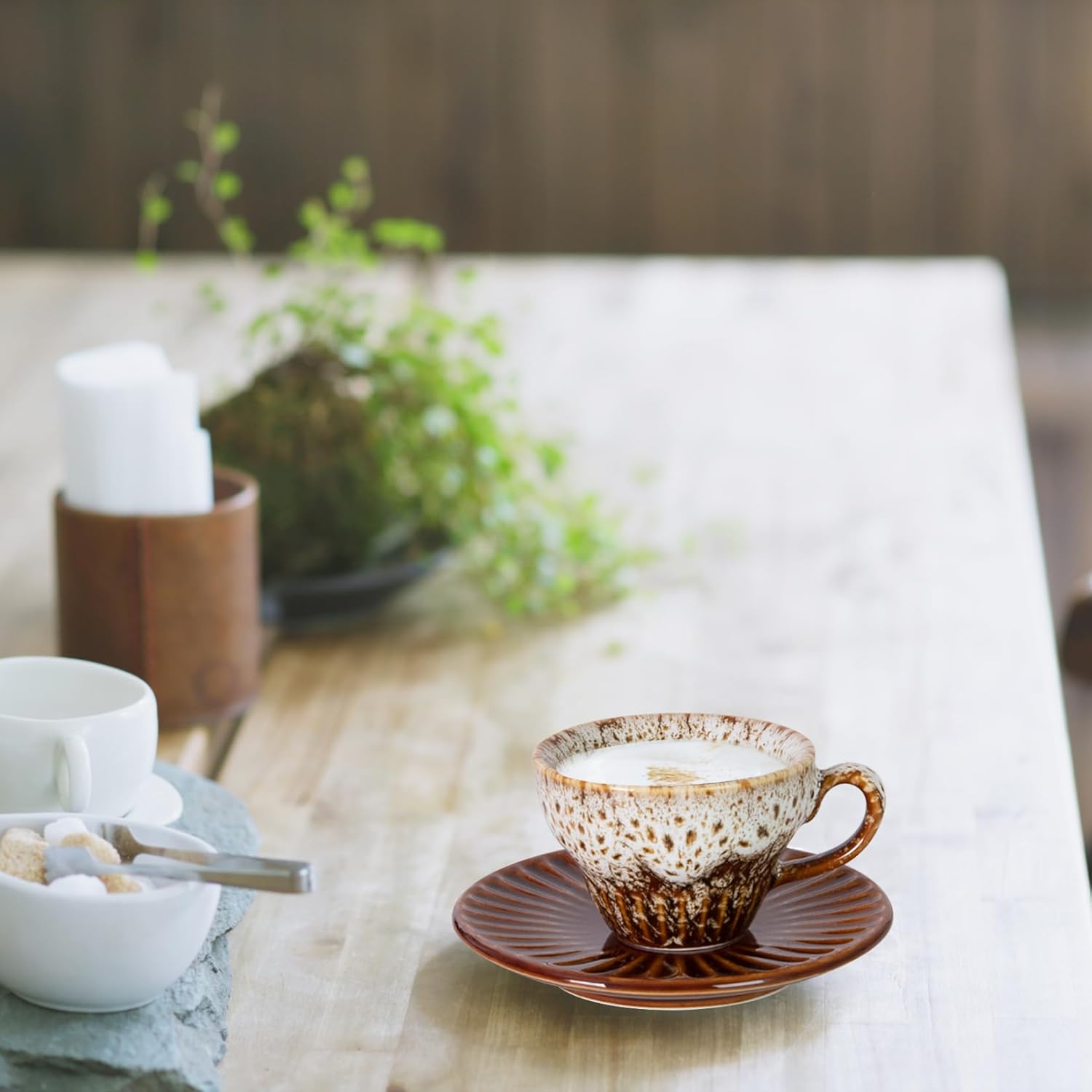 Tea Cups and Saucers- 2oz Stackable Ceramic Espresso Cups & Cappuccino Cup Set of 2 for Coffee, Latte, and Tea, Durable Glazed White Porcelain tea Set & Modern Latte Cup Collection