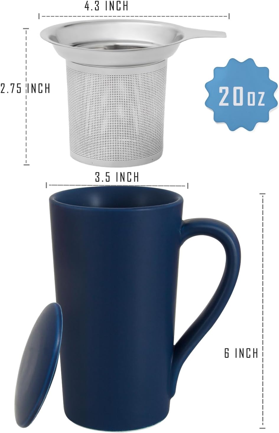 Tea Cup with Infuser and Lid, 20oz Tea Mug with Handle, Dishwasher and Microwave Safe, Ceramic Strainer Cup Gifts for Steeping Loose Leaf tea Lovers, Blue