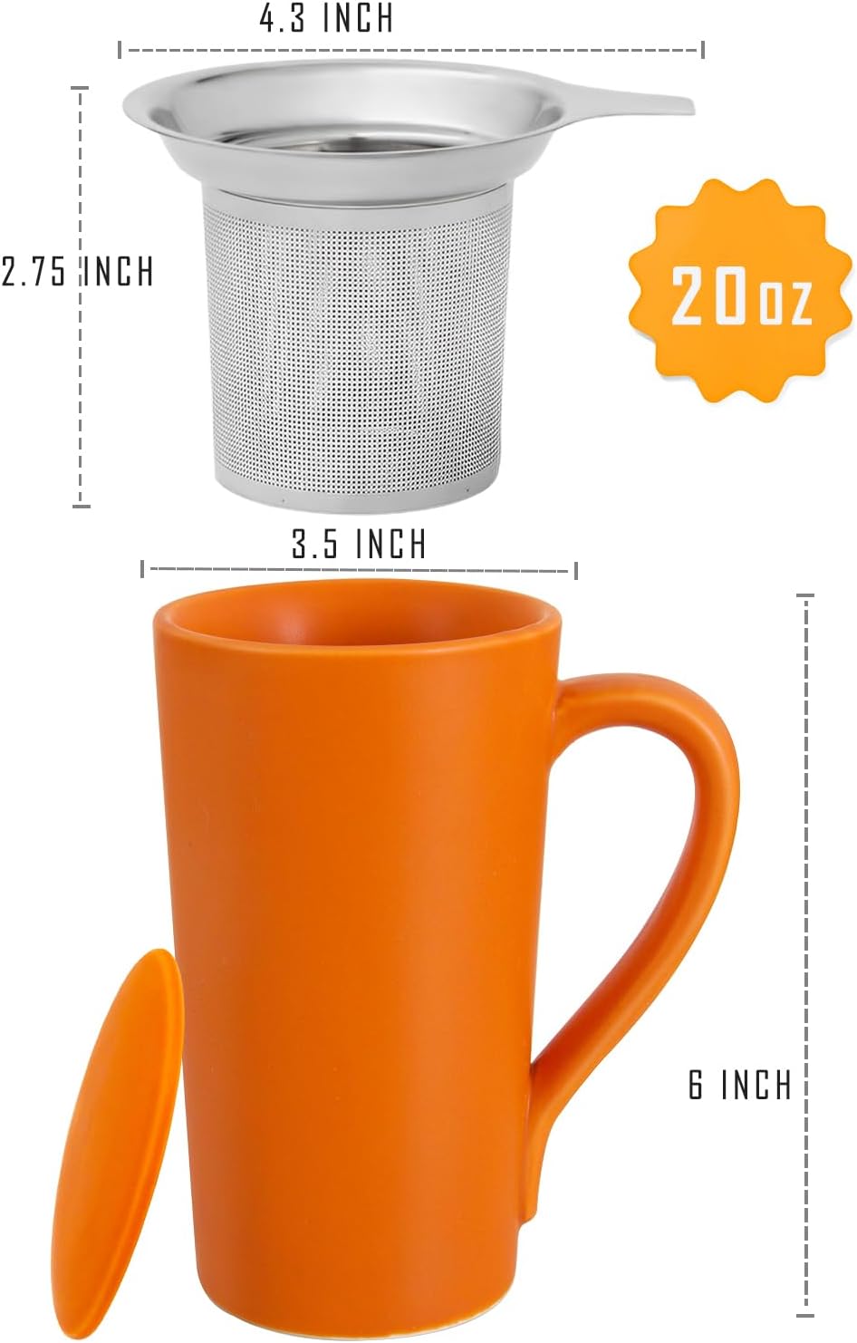 Tea Cup With Infuser and Lid, 20oz Mug With Handle for Steeping Loose Leaf, Dishwasher and Microwave Safe, Ceramic Strainer Cup Gifts for Lovers, Orange