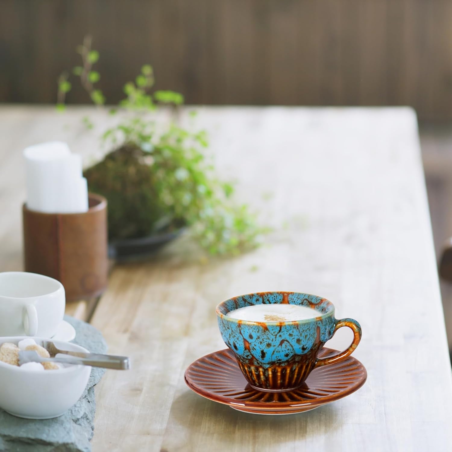 Tea Cups and Saucers- 2oz Stackable Ceramic Espresso Cups & Cappuccino Cup Set of 2 for Coffee, Latte, and Tea, Durable Glazed Blue Porcelain tea Set & Modern Latte Cup Collection
