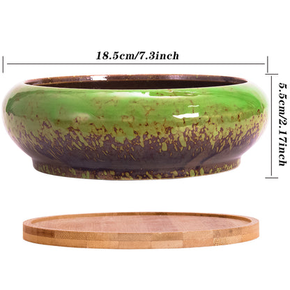 7.3 inch Round Succulent Planter Pots with Drainage Hole Bonsai Pots Garden Decorative Cactus Stand Ceramic Glazed Flower Container Green, with Bamboo Tray