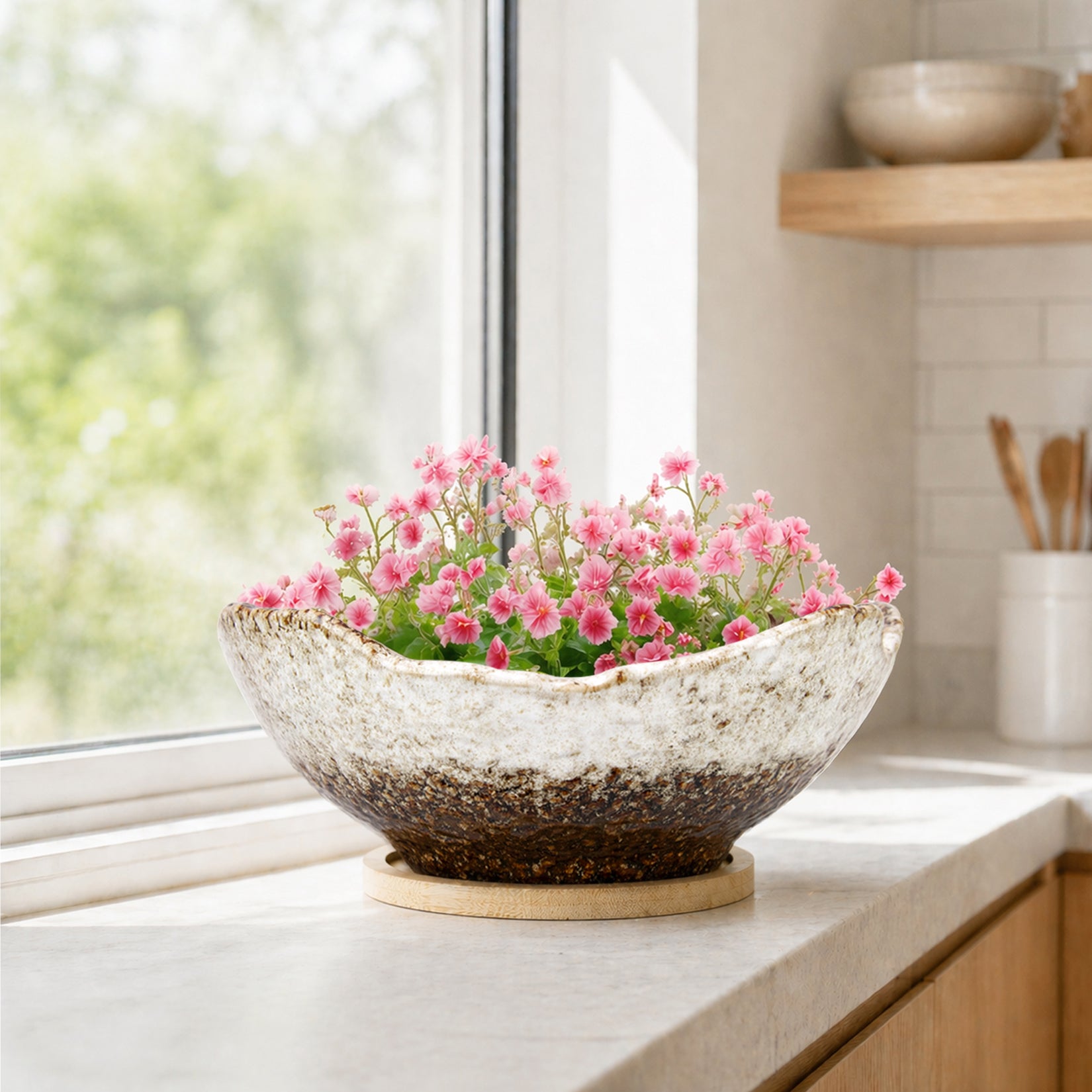 ARTKETTY Bonsai Pots - 9.06 Inch Large Plant Pots, Unique Succulent Pots with Drainage Tray, Ceramic Planters for Indoor Cactus Flower Plants Round Bonsai Tree Pots Decorative Home Office