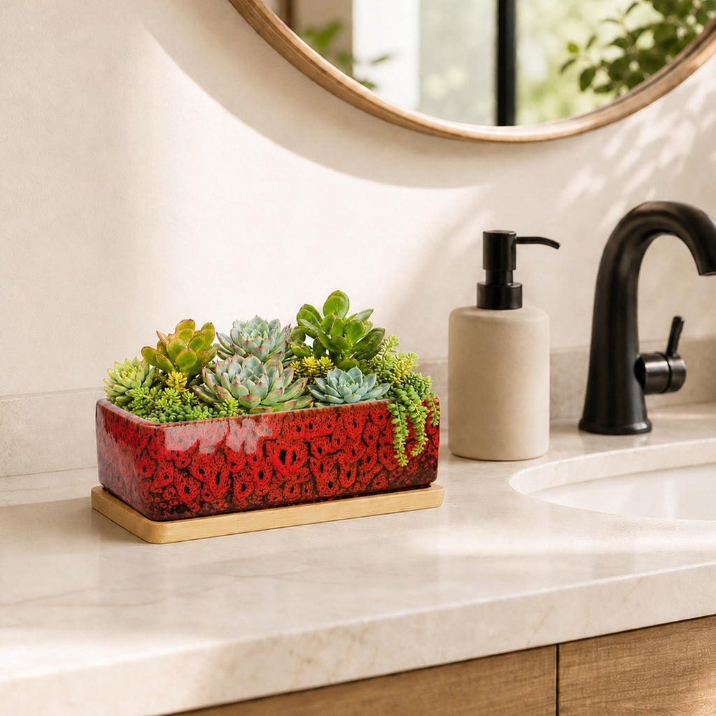 ARTKETTY Succulent Pots - 7 Inch Large Succulent Planters with Drainage Tray, Window Sill Planter, Long Rectangle Ceramic Pots for Indoor Cactus Plants Shallow Bonsai Window Box for Home Garden Decor
