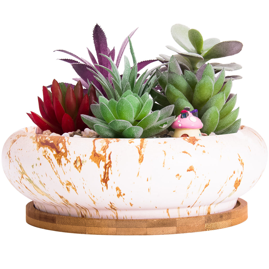 succulent desk planter ARTKETTY Large Round Succulent Cactus Planter Pots, Modern Ceramic Flower Planter Container Bowl with Drainage Bamboo Tray Decorative Garden Shallow Marble Bonsai Pot for Desk or Windowsill – artketty