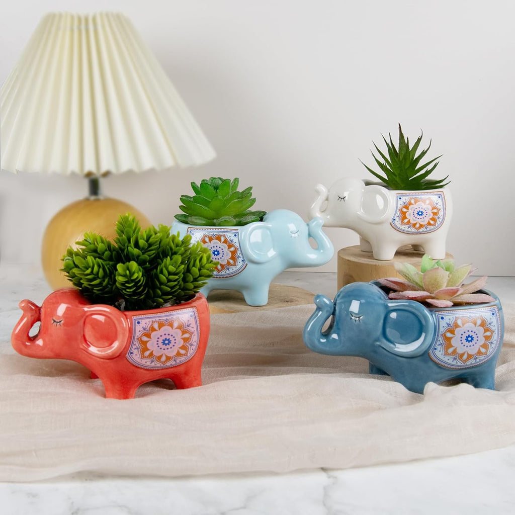 Elephant Planter Cartoon Succulent Pots with Drainage 5.31 Inch Animal Planter Cute Plant Pots Succulent Planter Container Ceramic Flower Pots Perfect for Home Decor and Gifts, Set of 4