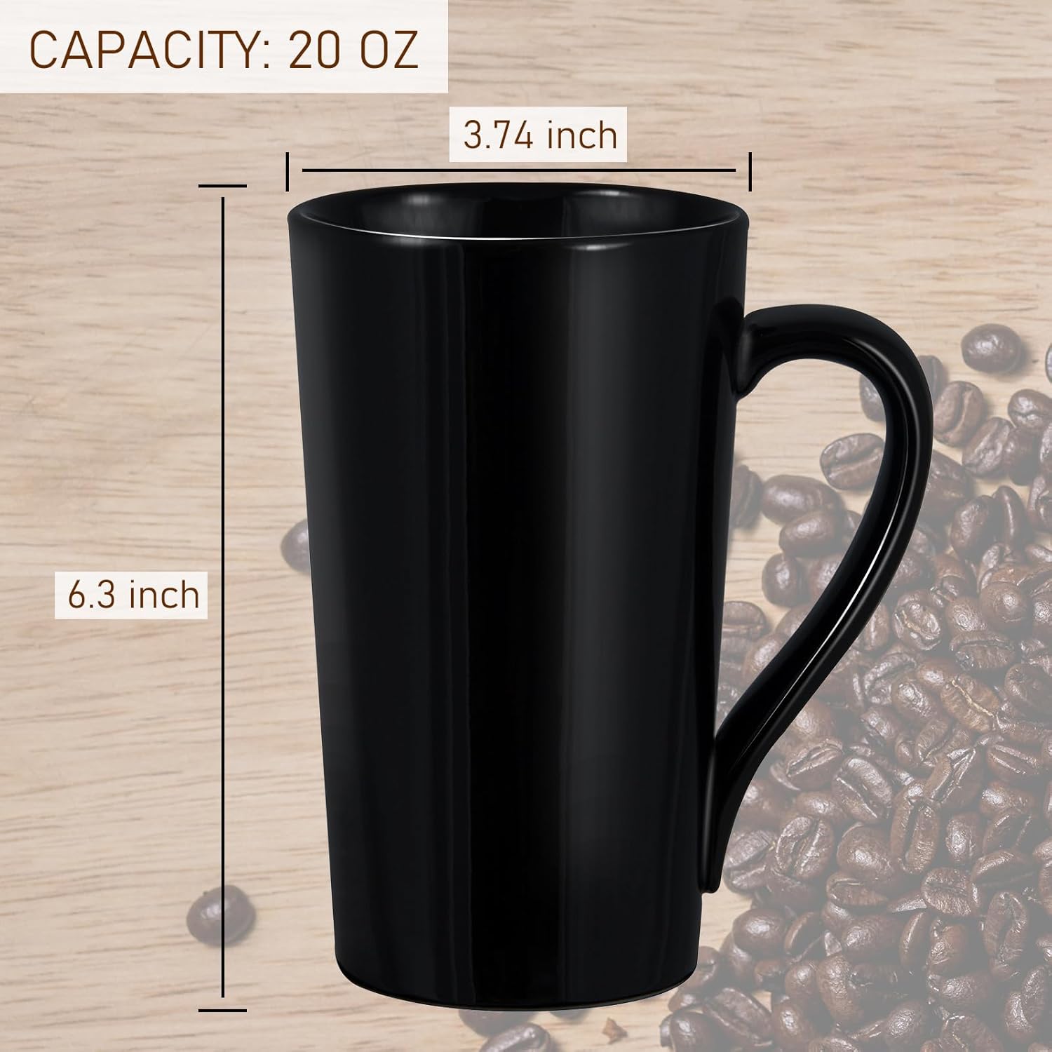 20oz Porcelain Coffee Mugs Set of 2, Large Tall Coffee Mugs with Handles, Modern Ceramic Coffee Cups for Coffee, Tea, Cocoa, Milk, Gifts for Women Men - Black
