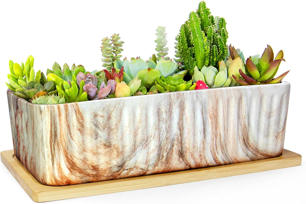 ARTKETTY 12'' Large Long Rectangular Planter, Ceramic Succulent Pots with Drainage Tray, Shallow Windowsill Succulent Planters for Indoor Cactus Bonsai Plants, Marble Window Box Home Office Decor