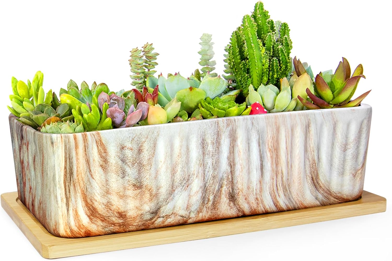 ARTKETTY 12'' Large Long Rectangular Planter, Ceramic Succulent Pots with Drainage Tray, Shallow Windowsill Succulent Planters for Indoor Cactus Bonsai Plants, Marble Window Box Home Office Decor