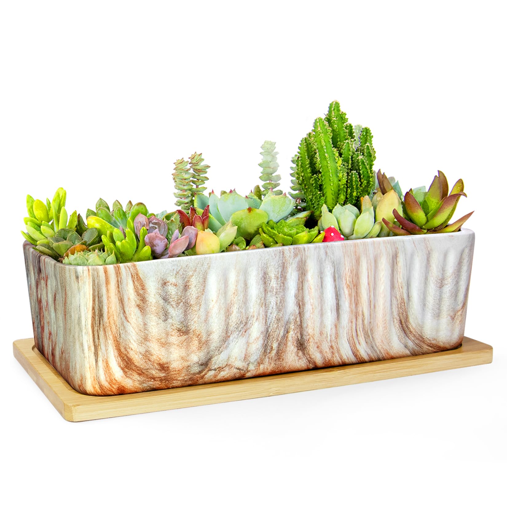 ARTKETTY 12'' Large Long Rectangular Planter, Ceramic Succulent Pots with Drainage Tray, Shallow Windowsill Succulent Planters for Indoor Cactus Bonsai Plants, Marble Window Box Home Office Decor