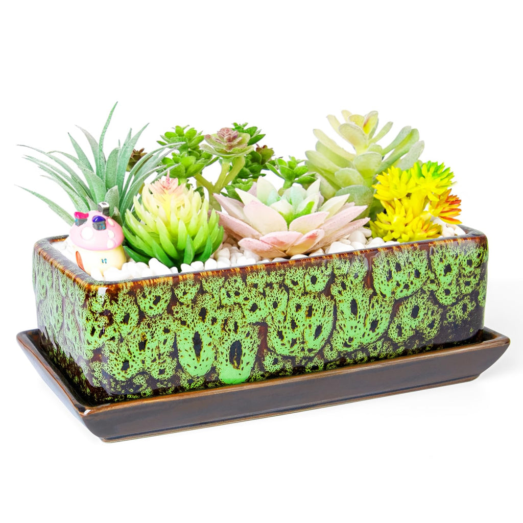 ARTKETTY Succulent Pots - Long Rectangle Succulent Planters with Drainage Tray, Window Sill Planter, Ceramic Pots for Indoor Cactus Plants Shallow Bonsai Window Box for Home Garden Decor