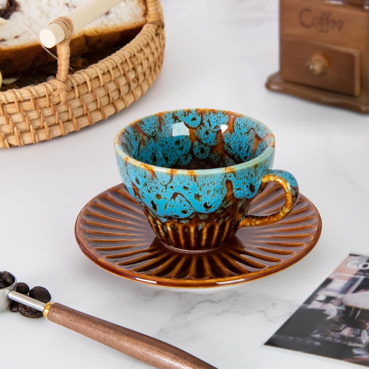 Tea Cups and Saucers- 2oz Stackable Ceramic Espresso Cups & Cappuccino Cup Set of 2 for Coffee, Latte, and Tea, Durable Glazed Blue Porcelain tea Set & Modern Latte Cup Collection