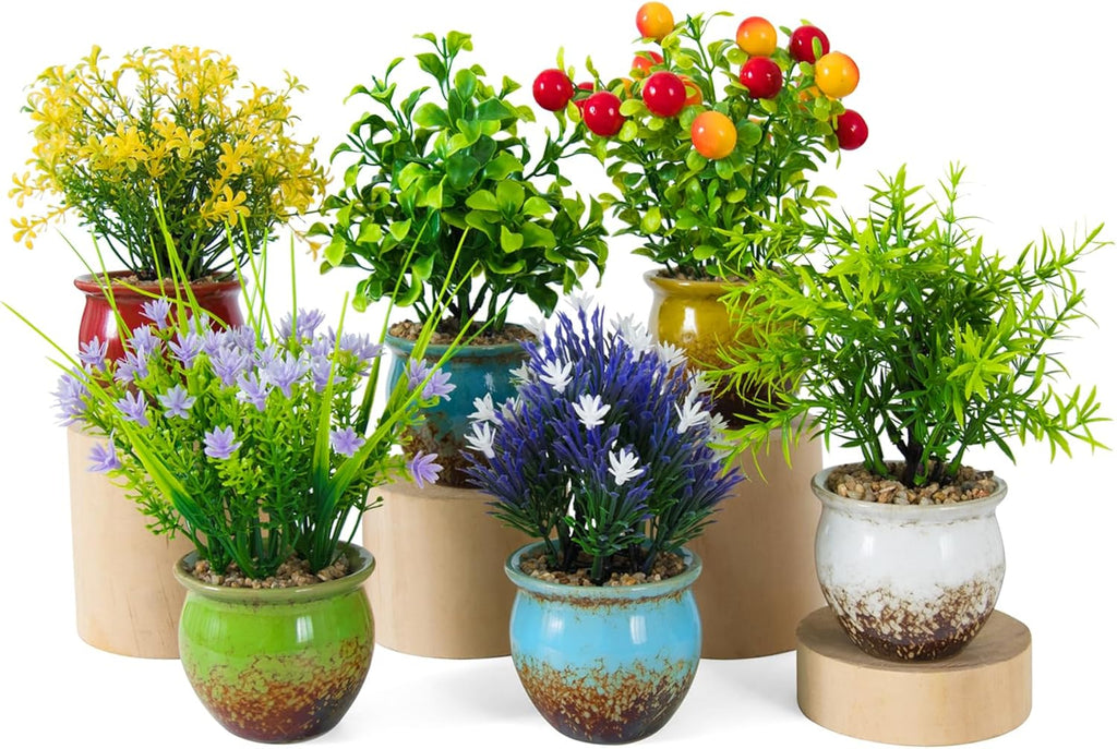 ARTKETTY 6 Packs Fake Plants Small Artificial Potted Plants, Ceramic Realistic Faux Plants Indoor for Home Office Bedroom Living Room Bathroom Shelf Decor