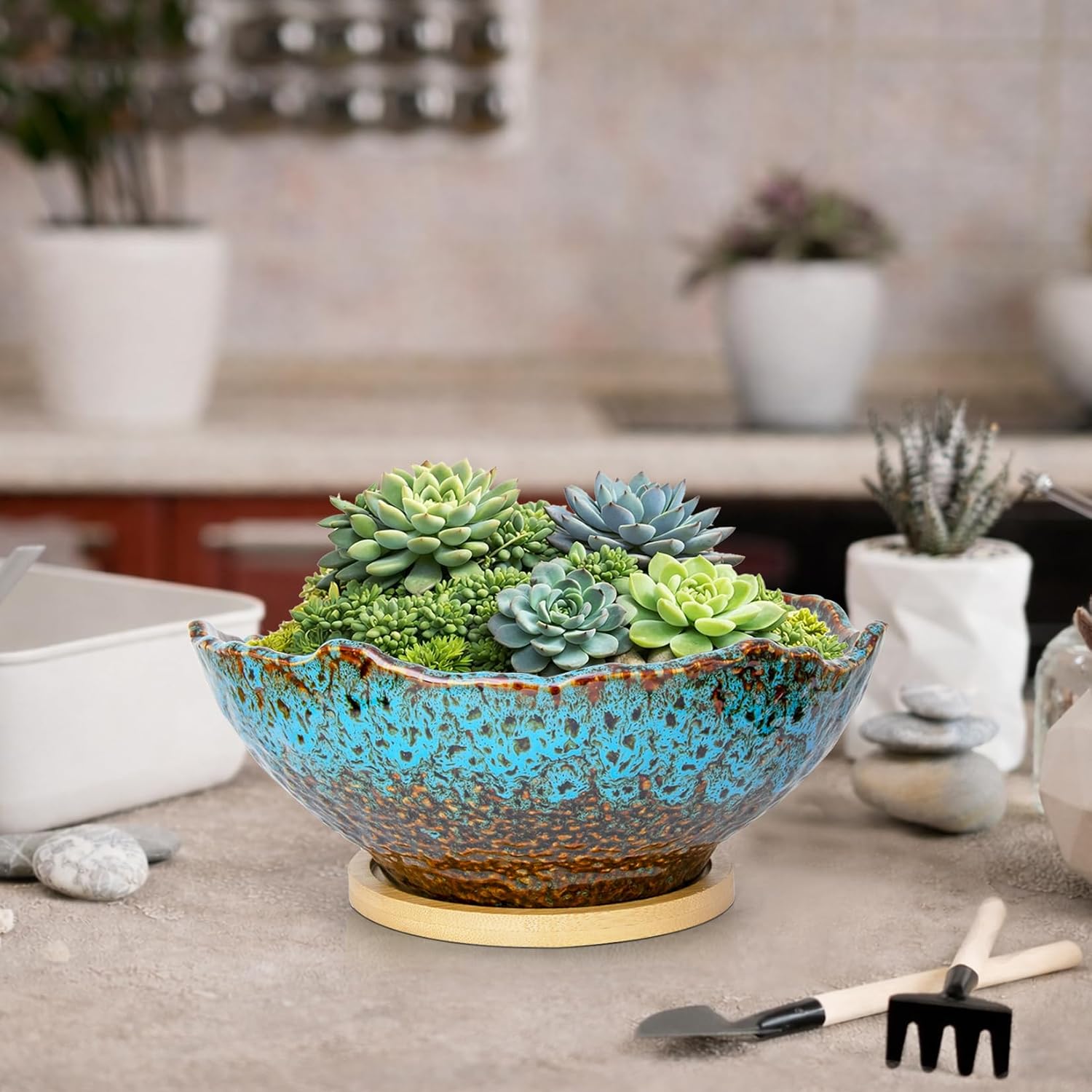 ARTKETTY Bonsai Pots - 9.06 Inch Large Plant Pots, Unique Succulent Pots with Drainage Tray, Ceramic Planters for Indoor Cactus Flower Plants Round Bonsai Tree Pots Decorative Home Office