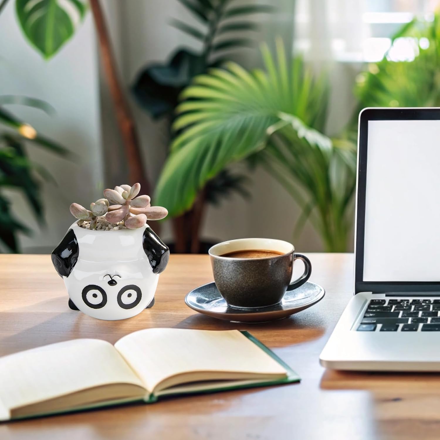 Cute Animal Ceramics Planter Succulent Pot with Drainage, 4.4 Inch Plant Pot for Indoor Mini Plants Flower Cactus, Home and Garden Decor Fun Panda Gifts