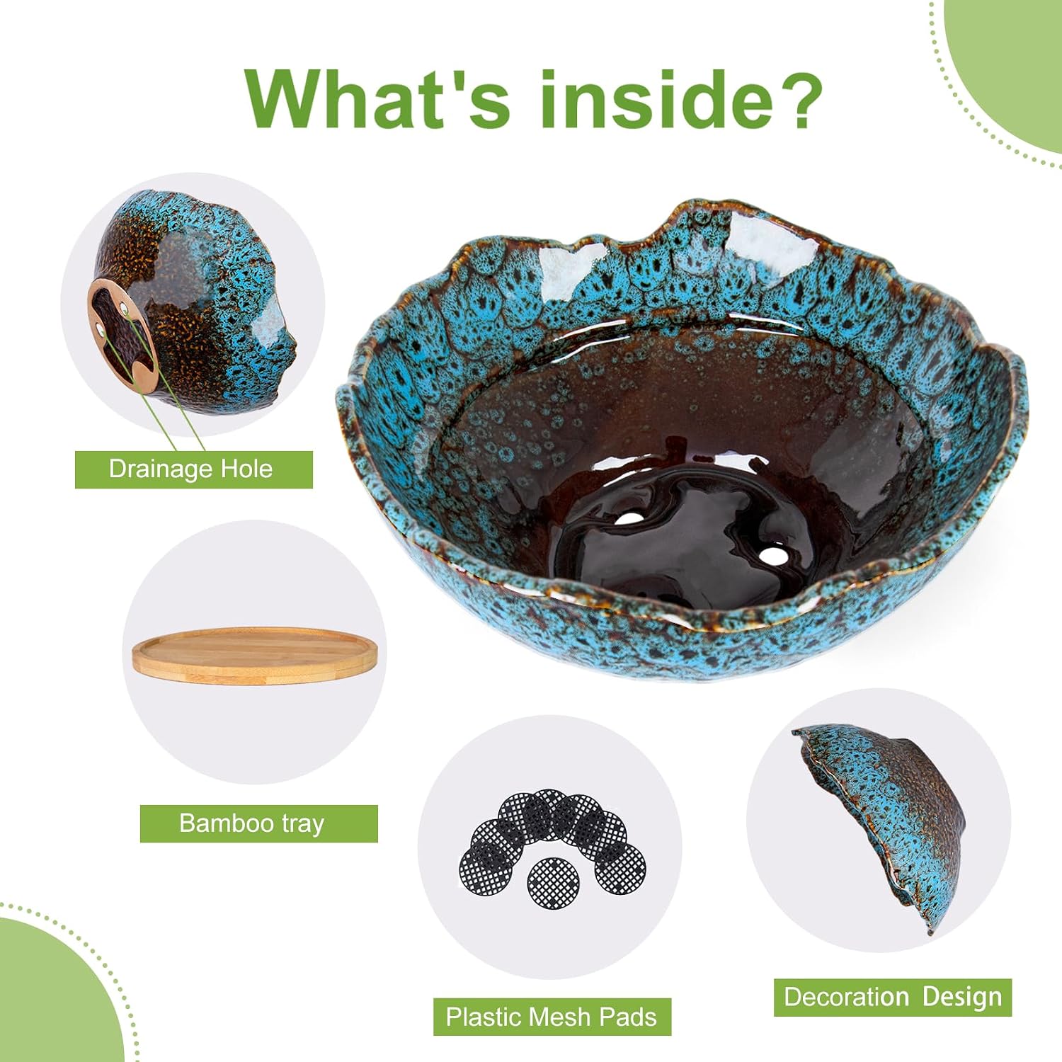 ARTKETTY Bonsai Pots - 9.06 Inch Large Plant Pots, Unique Succulent Pots with Drainage Tray, Ceramic Planters for Indoor Cactus Flower Plants Round Bonsai Tree Pots Decorative Home Office