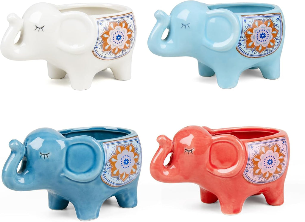 Elephant Planter Cartoon Succulent Pots with Drainage 5.31 Inch Animal Planter Cute Plant Pots Succulent Planter Container Ceramic Flower Pots Perfect for Home Decor and Gifts, Set of 4