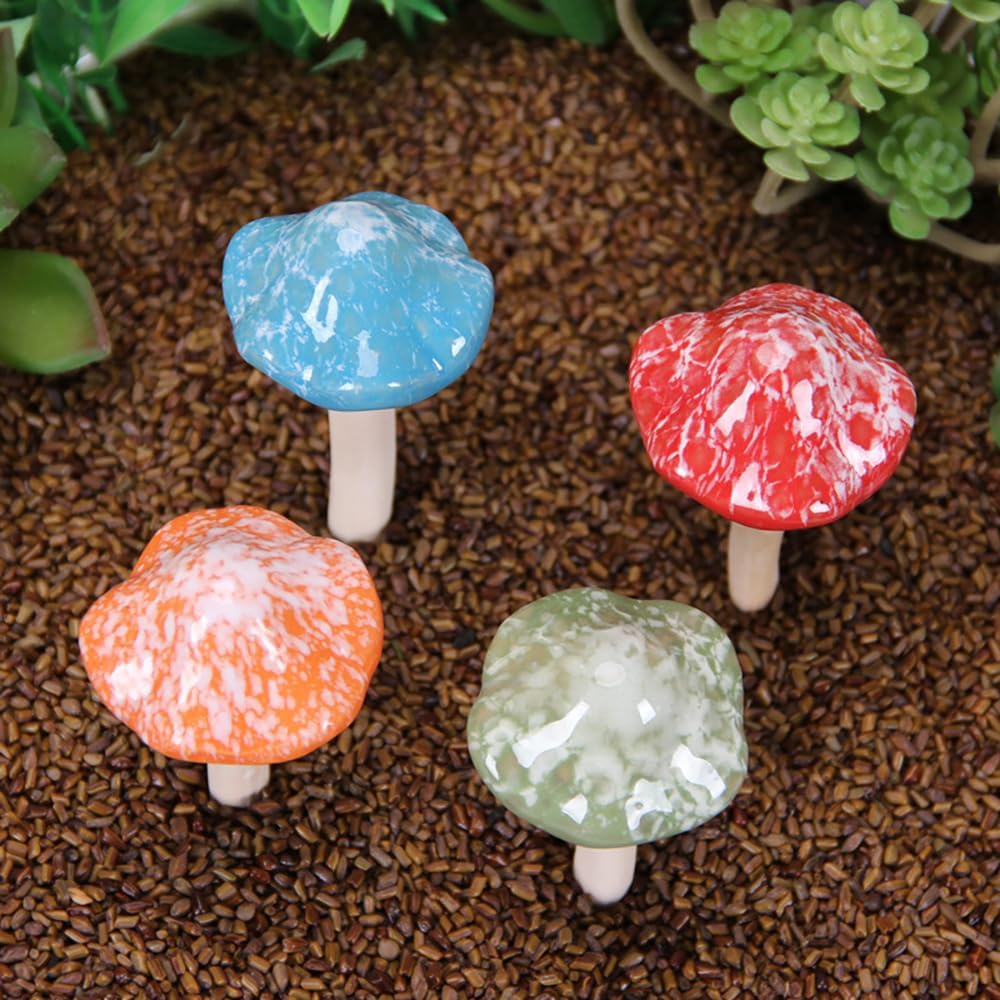 4Pcs Ceramic Mushroom Ornaments – Glazed Garden Stakes for Fairy Garden, Yard & Home Decor