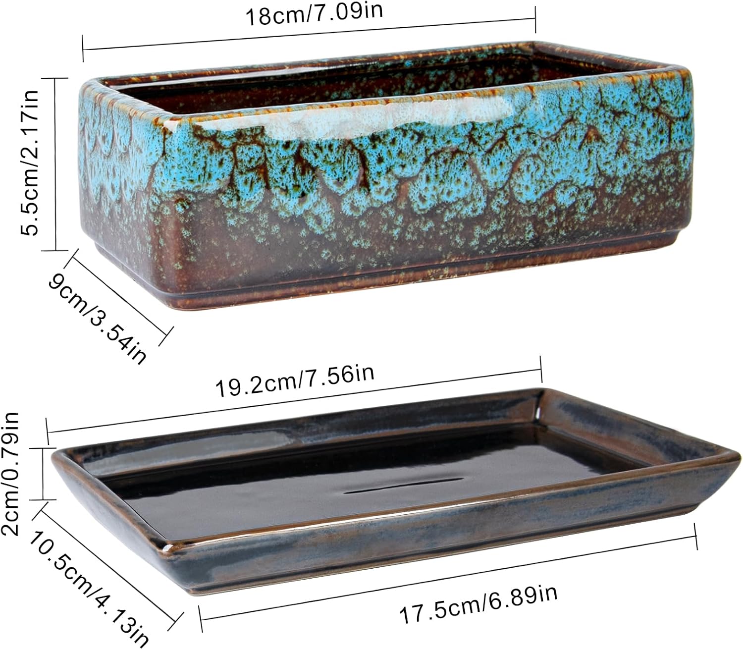 ARTKETTY Succulent Pots - Long Rectangle Succulent Planters with Drainage Tray, Window Sill Planter, Ceramic Pots for Indoor Cactus Plants Shallow Bonsai Window Box for Home Garden Decor