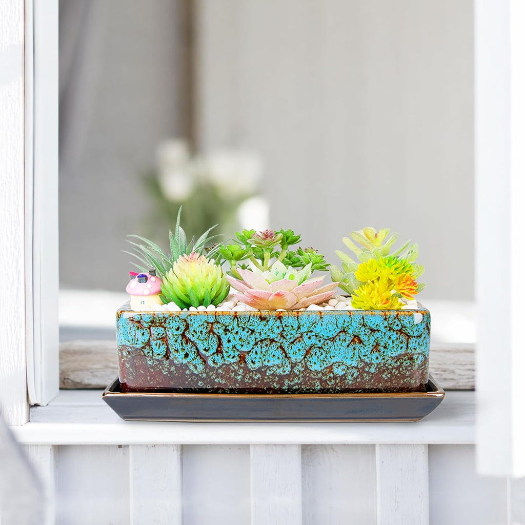 ARTKETTY Succulent Pots - Long Rectangle Succulent Planters with Drainage Tray, Window Sill Planter, Ceramic Pots for Indoor Cactus Plants Shallow Bonsai Window Box for Home Garden Decor