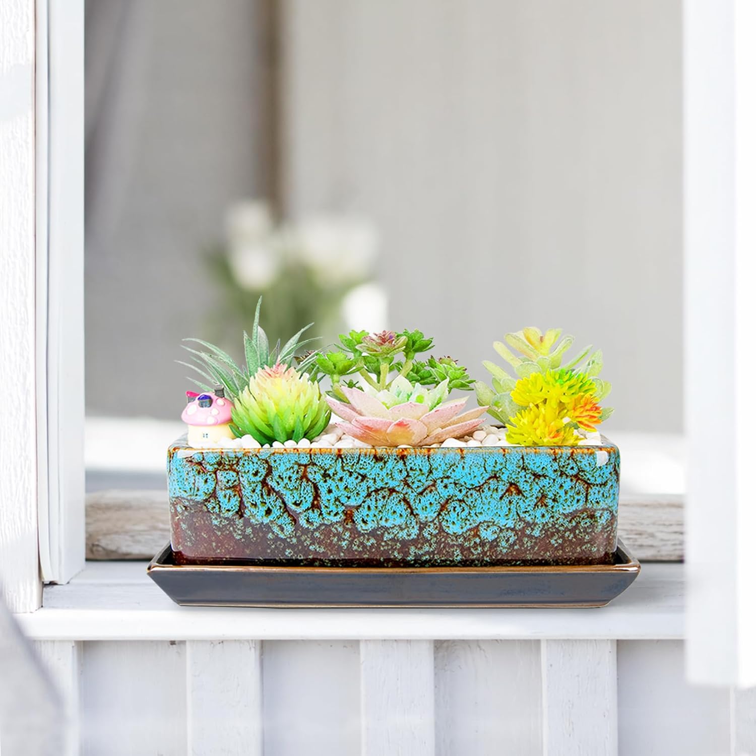 ARTKETTY Succulent Pots - Long Rectangle Succulent Planters with Drainage Tray, Window Sill Planter, Ceramic Pots for Indoor Cactus Plants Shallow Bonsai Window Box for Home Garden Decor