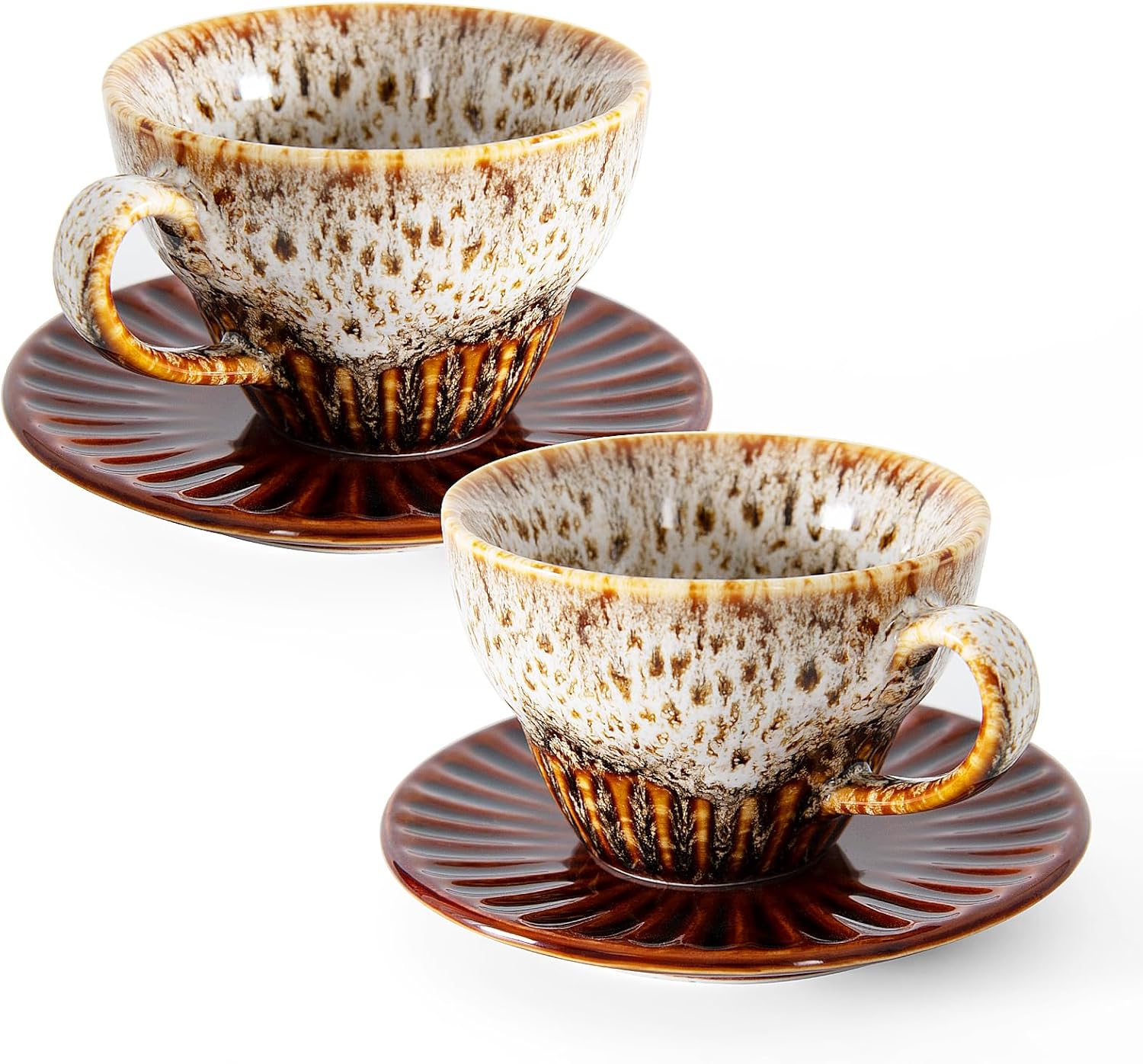 White Tea Cups and Saucers- 4oz Stackable Ceramic Espresso Cups & Cappuccino Cup Set of 2 for Coffee, Latte, and Tea, Durable Porcelain tea Set & Modern Latte Cup Collection