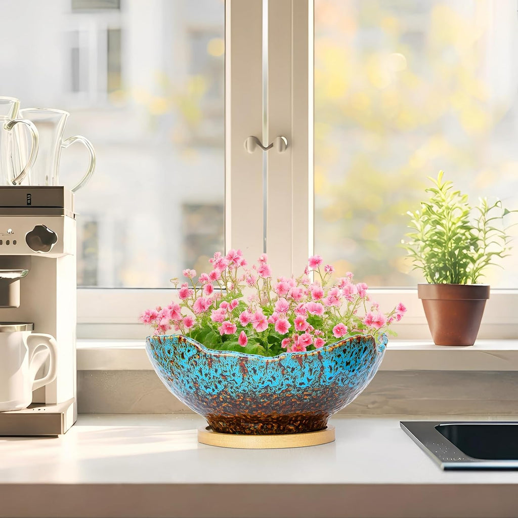 ARTKETTY Bonsai Pots - 9.06 Inch Large Plant Pots, Unique Succulent Pots with Drainage Tray, Ceramic Planters for Indoor Cactus Flower Plants Round Bonsai Tree Pots Decorative Home Office