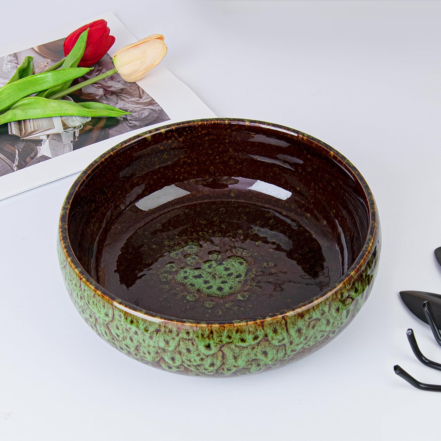 ARTKETTY Lotus Bowl Planter - 8 Inch Large Lotus Flower Bowl for Water Plants, Ceramic Bonsai Bowl for Hydroponic Plant Succulent Plants Indoors Outdoor
