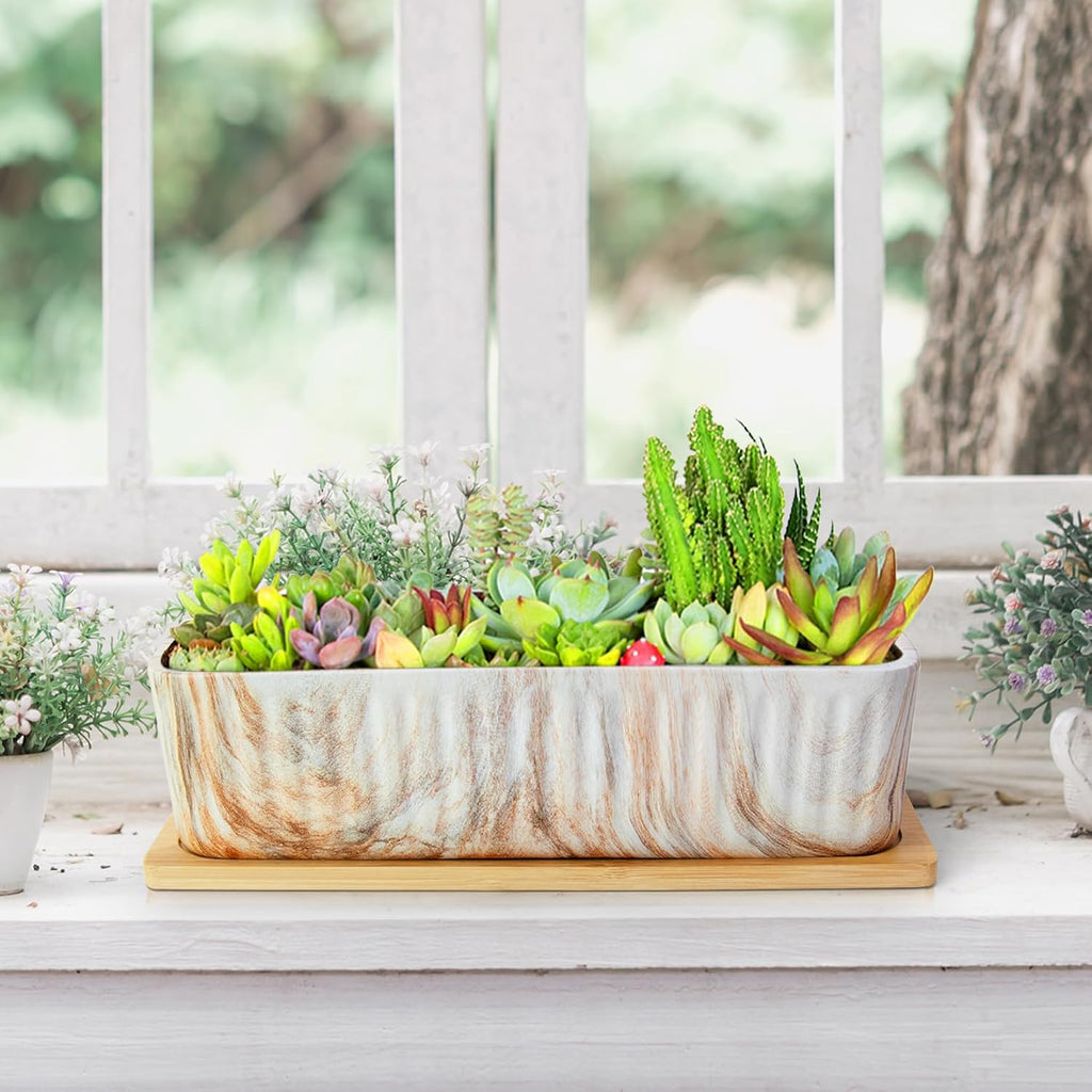 ARTKETTY 12'' Large Long Rectangular Planter, Ceramic Succulent Pots with Drainage Tray, Shallow Windowsill Succulent Planters for Indoor Cactus Bonsai Plants, Marble Window Box Home Office Decor