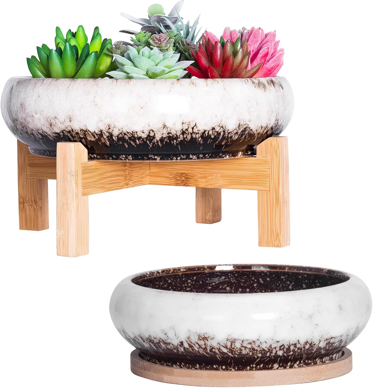 ARTKETTY Succulent Pots - 7.3/10 Inch Large Plant Pot Ceramic Bonsai Planter with Drainage Tray, Shallow Planters for Succulents Cactus Flower Small Plants Birthday Gifts for Women