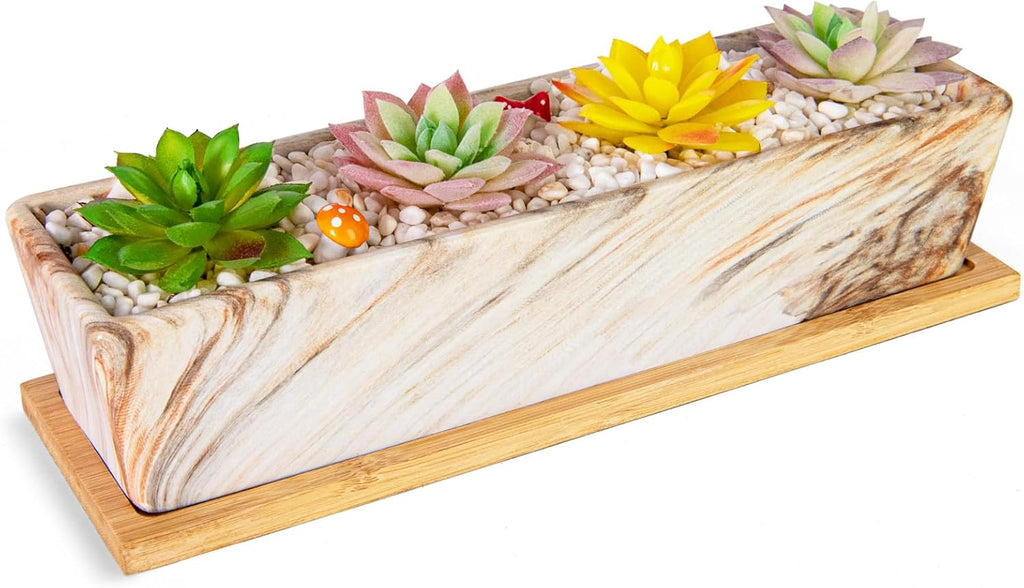 Succulent Pots - 12.1 Inch Large Succulent Pots with Drainage Tray, Window Sill Planter, Long Rectangle Ceramic Pots for Indoor Cactus/Succulent Plants Shallow Bonsai Window Box for Home Garden Decor