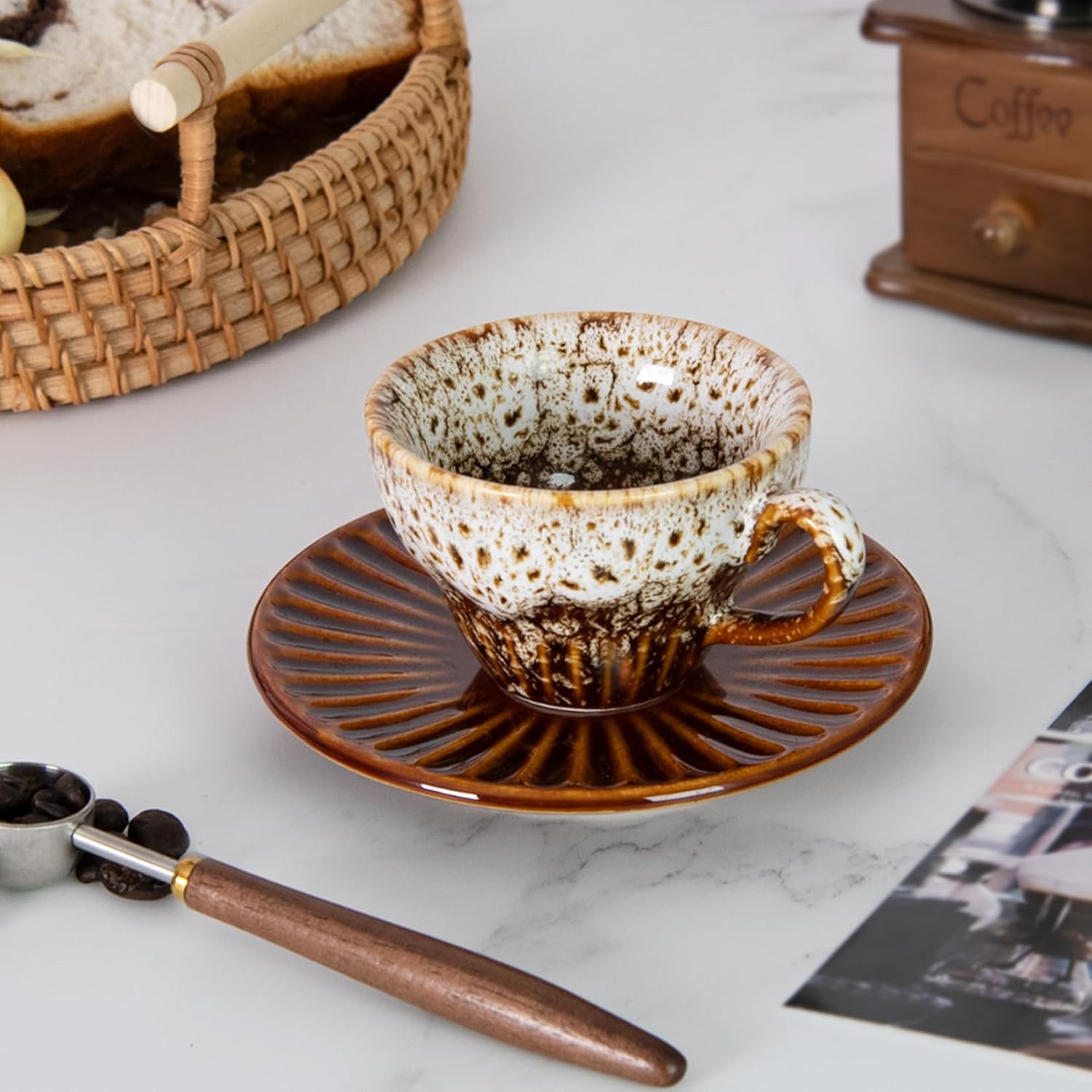 Tea Cups and Saucers- 2oz Stackable Ceramic Espresso Cups & Cappuccino Cup Set of 2 for Coffee, Latte, and Tea, Durable Glazed White Porcelain tea Set & Modern Latte Cup Collection