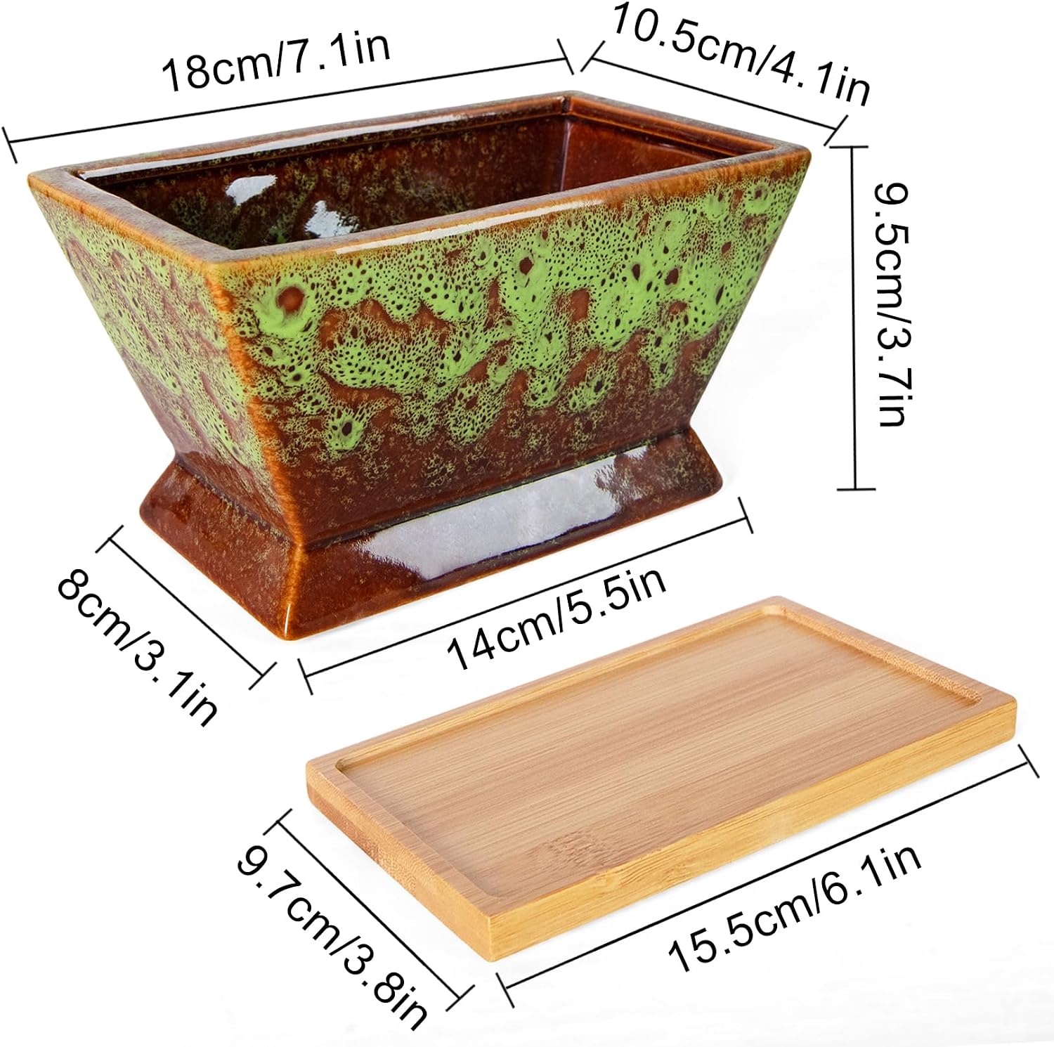 ARTKETTY Succulent Pots - 7 Inch Large Plant Pots with Drainage Tray | Shallow Ceramic Pots for Indoor Plants, Modern Cactus Bonsai Plant Container Decorative Home Office