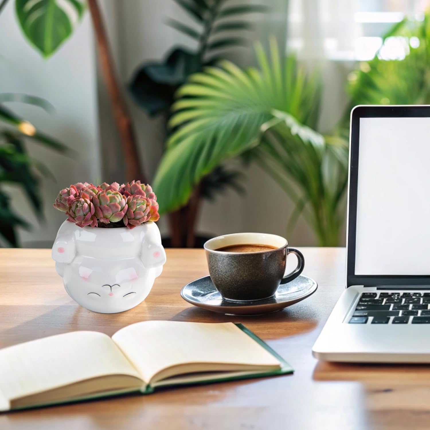 Cute Animal Ceramics Planter Succulent Pot with Drainage, 4.4 Inch Plant Pot for Indoor Mini Plants Flower Cactus, Home and Garden Decor Fun Rabbit Gifts