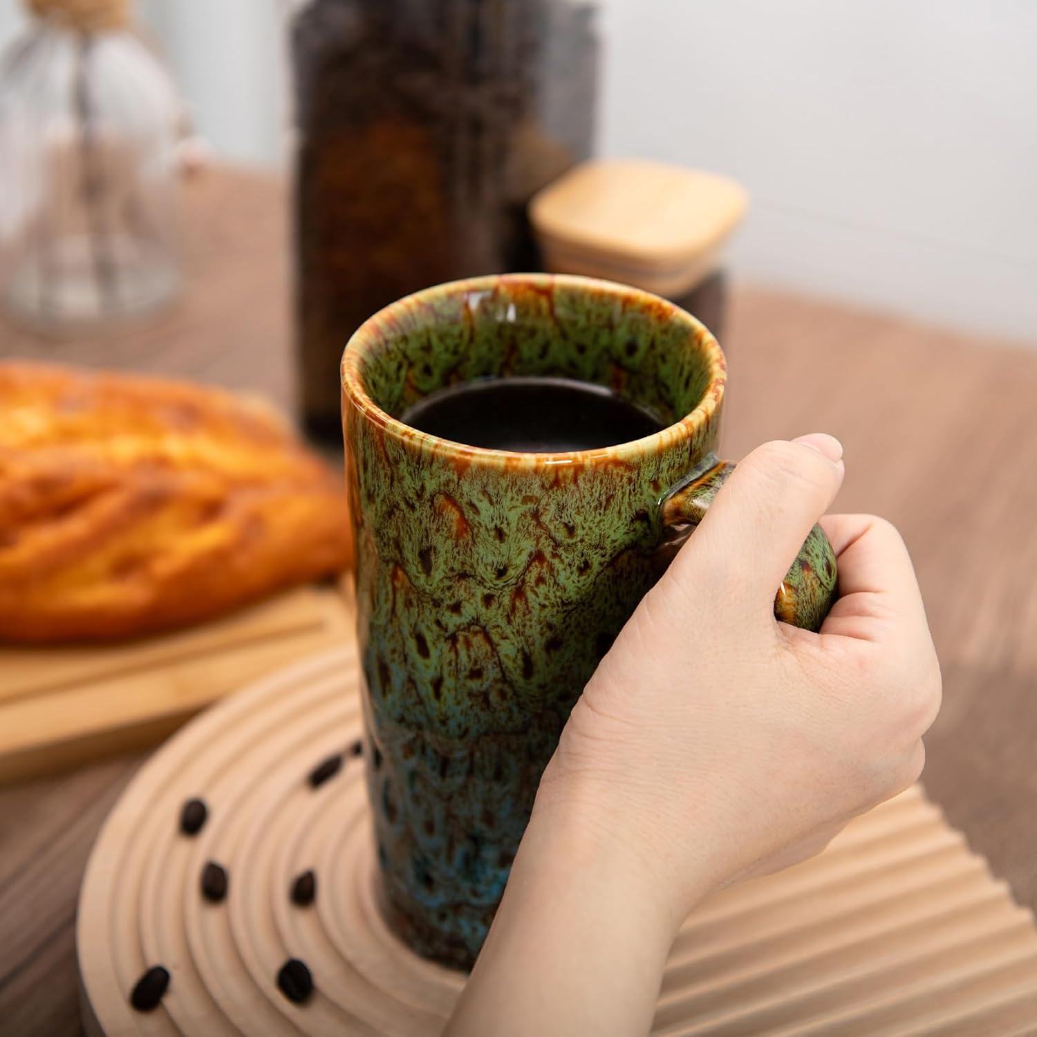 20 OZ Large Coffee Mugs, Coffee Cups Ceramic Tall Coffee Mugs with Handle, Unique Latte Tea Cup for Office and Home, Novelty Gifts for Men and Women, Set of 2 (Green & Blue)