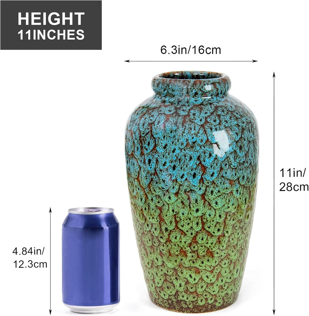 Unique Ceramic Flower Vase, Modern Home Decor for Living Room, Tables, Shelves & Enterways,11Inch Tall Blue Green Vase Gift for Housewarming, Wedding, Birthday