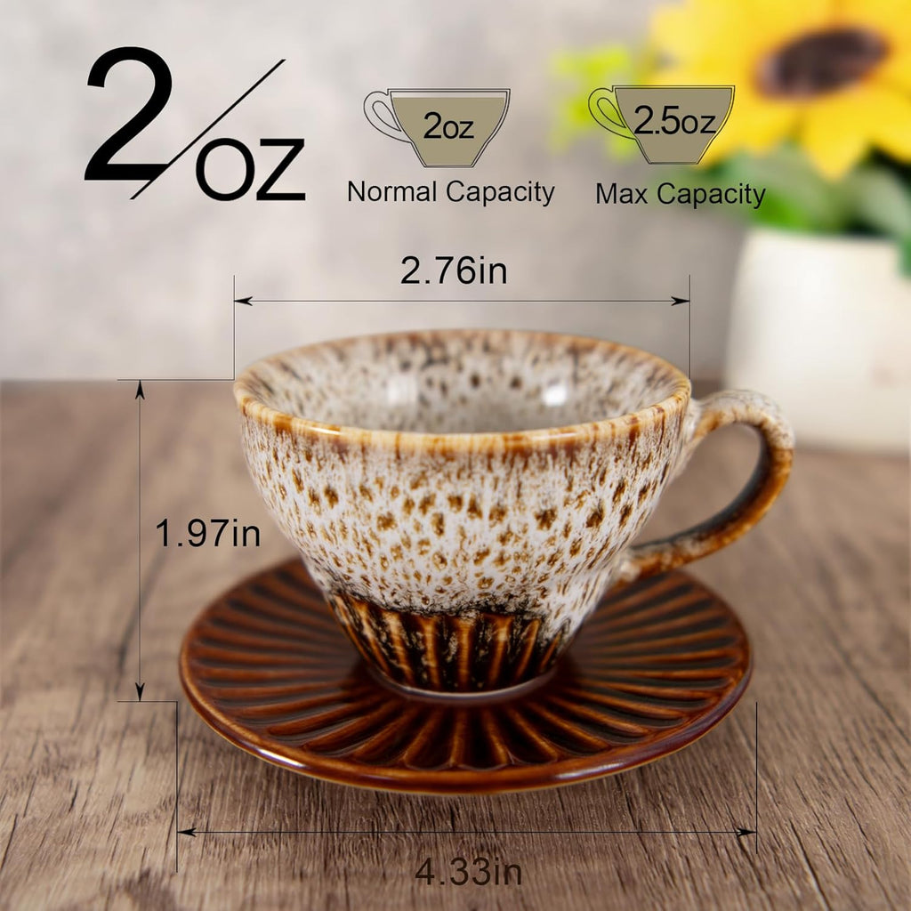 2 oz Espresso Cups Set of 6, Ceramic Cappuccino Cups with Saucers, Stackable Coffee Cup for Macchiato, Single shot, Tea, Coffee Lover Gifts, Glazed Blue
