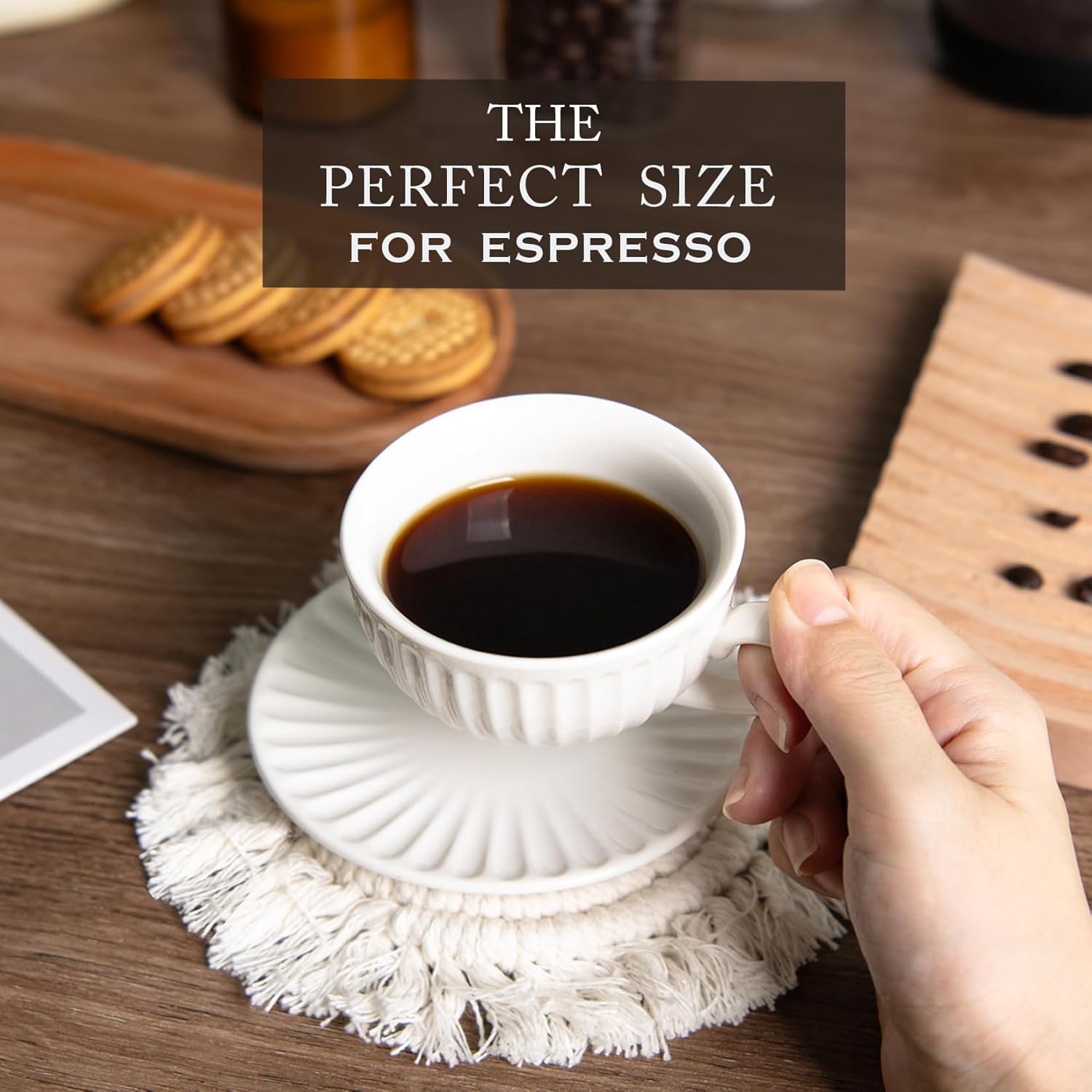 White Tea Cups and Saucers- 2oz Stackable Ceramic Espresso Cups & Cappuccino Cup Set of 2 for Coffee, Latte, and Tea, Durable Porcelain tea Set & Modern Latte Cup Collection