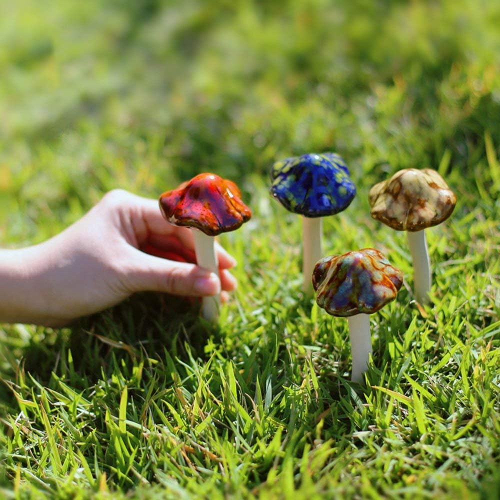 4Pcs Ceramic Mushroom Ornaments – Glazed Garden Stakes for Fairy Garden, Yard & Home Decor
